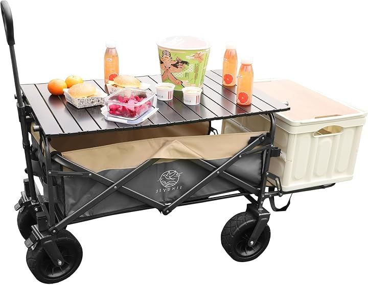 アウトドアワゴン キャリーワゴン テーブル付き 折りたたみ式 キャンプワゴン 耐荷重120kg 長物対応 大容量 キャリーカート アウトドアキャリー コンパクト( 緑 カーキ, 大型)