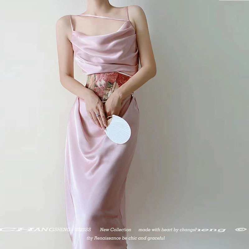 スカートロングスカート桜フレンチヴィンテージニッチェホルターフィッシュボーンウエストワンピースロングドレス