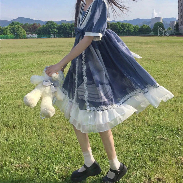 ロリータ メイド服 二次元 韓国ファッション 大きいサイズ 夏 甘い パネェ カレッジスタイル ネイビーカラー ルーズ 半袖ワンピース レディース