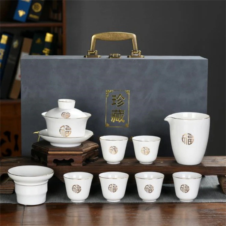 激安セール 新品 カンフー茶器 蒔絵 蓋碗セット 会社の贈り物 客先へ送る 羊脂玉茶器 山水画 ハスの花 茶器セット お茶を味わう