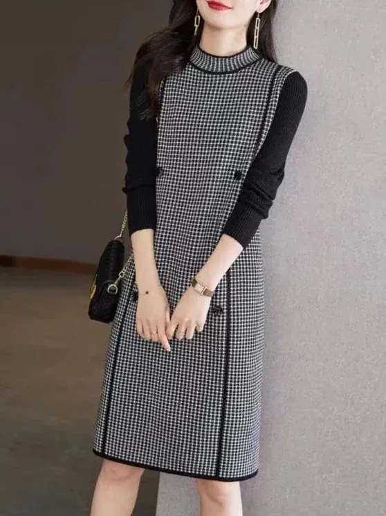 冬のワンピース ロングスカート 韓国ファッション レディース 春冬 長袖 ニットワンピース チェックのミディアムスカート オールマッチ 韓国ファッショ