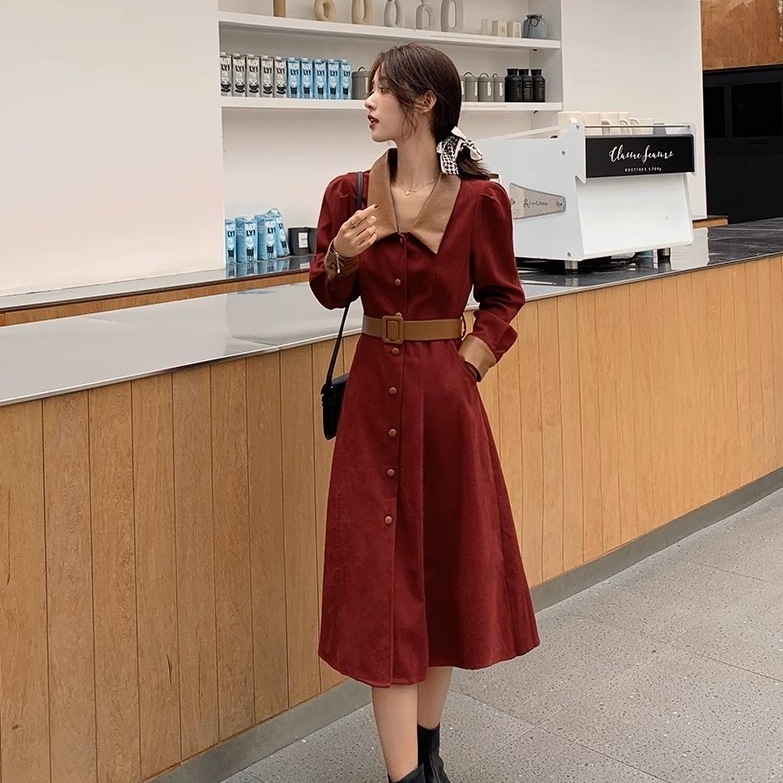 ワンピース レディース スカート ミモレ丈 襟付き 袖あり 長袖 コーデュロイ 膝下 バイカラー ハイウエスト 無地 シンプル エレガント 体型カバー Aライン レトロガール 女の子らしい きれいめ