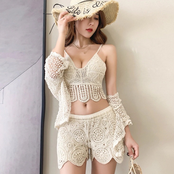 新型ニット レースセクシーな水着のホワイトレディースセパレート 日焼け防止保守タイプ水着ビキニ3点セット30%制限