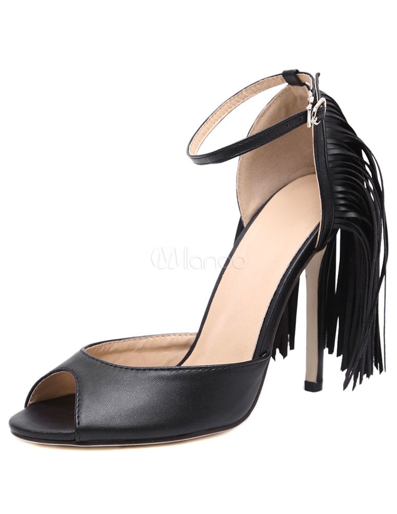ブラックサンダルピープトウシューズフリンジPUハイヒール 5,292円