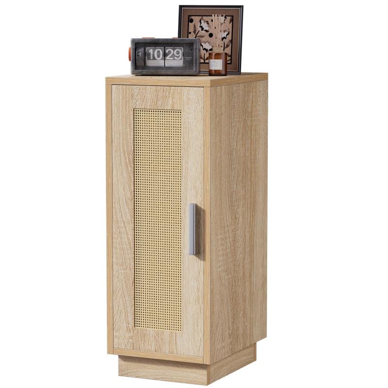 IBUYKE ナイトテーブル サイドテーブル ベッド横 収納 木目調 籐編み前板 扉付き すき間収納 コンパクト スリム 木製 組立簡単 省スペース リビングルーム ベッドルーム 玄関 ナチュラル J