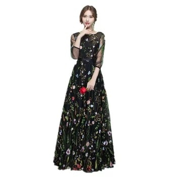 2色展開　長袖　刺繍　レース　マキシ丈　花柄　ロングドレス　パーティードレスワンピースカラードレス　二次会演奏会披露宴結婚式発表会　忘会