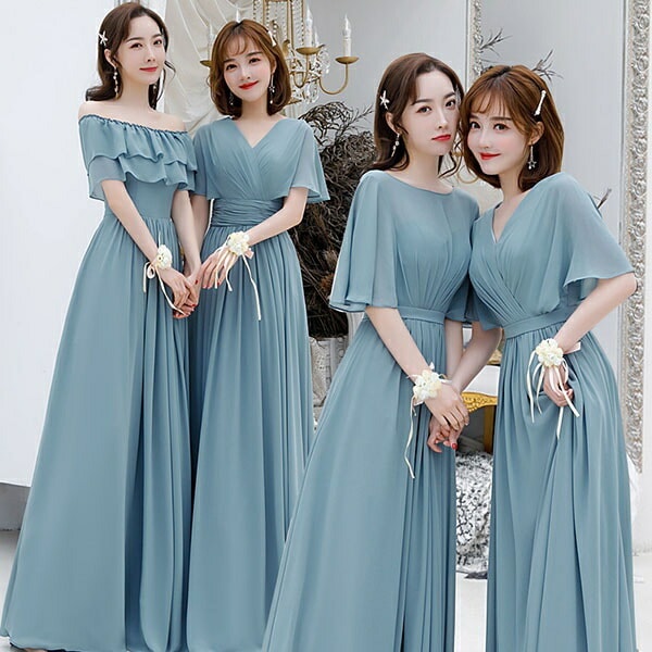 4タイプ ブライズメイド ドレス ロング ブルー ハワイ 結婚式 リゾートワンピ ブライズメイドドレス 発表会 ドレス 大人 お揃いドレス パーティー お呼ばれ Aライン フレア 結婚式ワンピース オ 7,590円