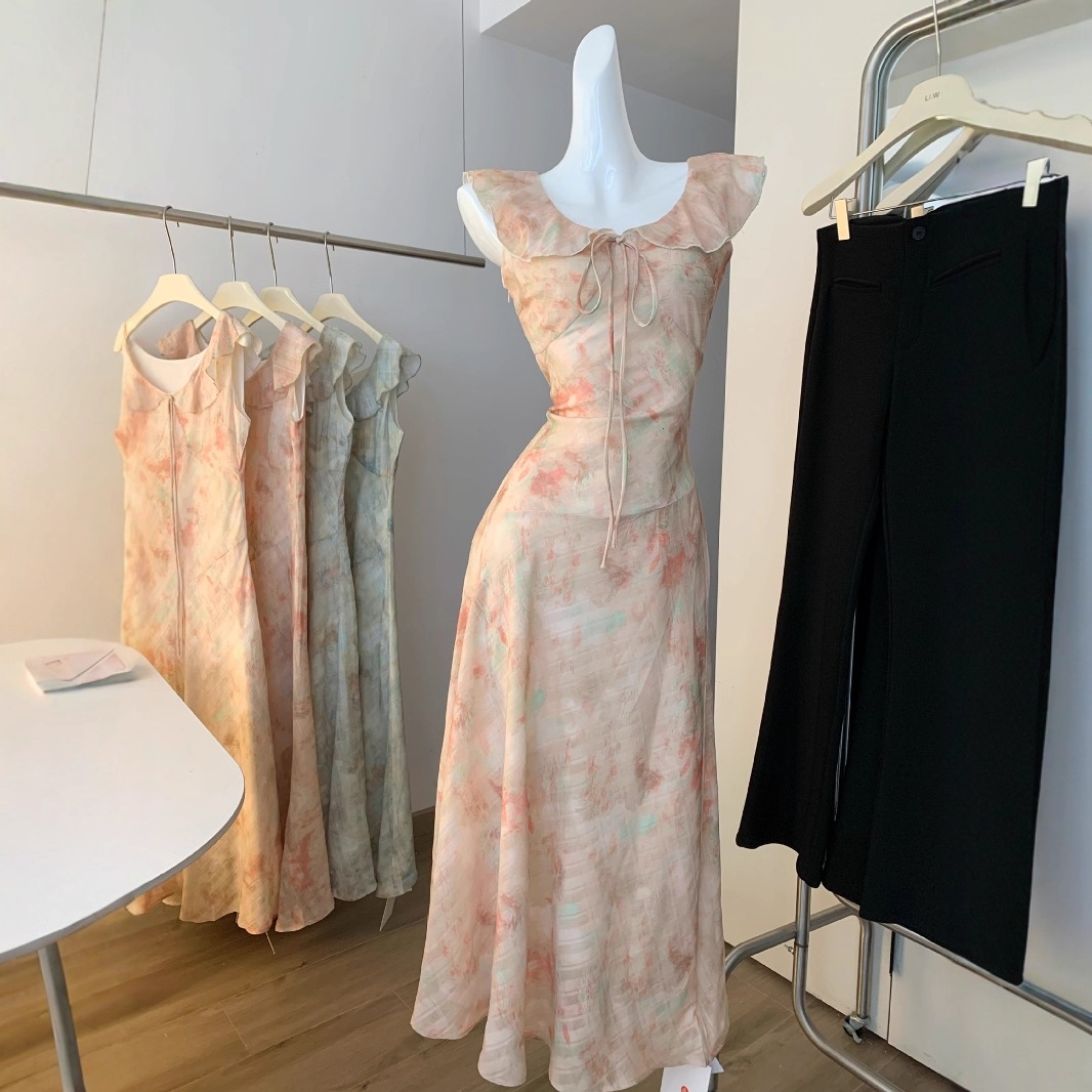 【急速出荷】フレンチプリントスカート立体ジャカード染めキャミソールワンピース女性リボンUネックロング