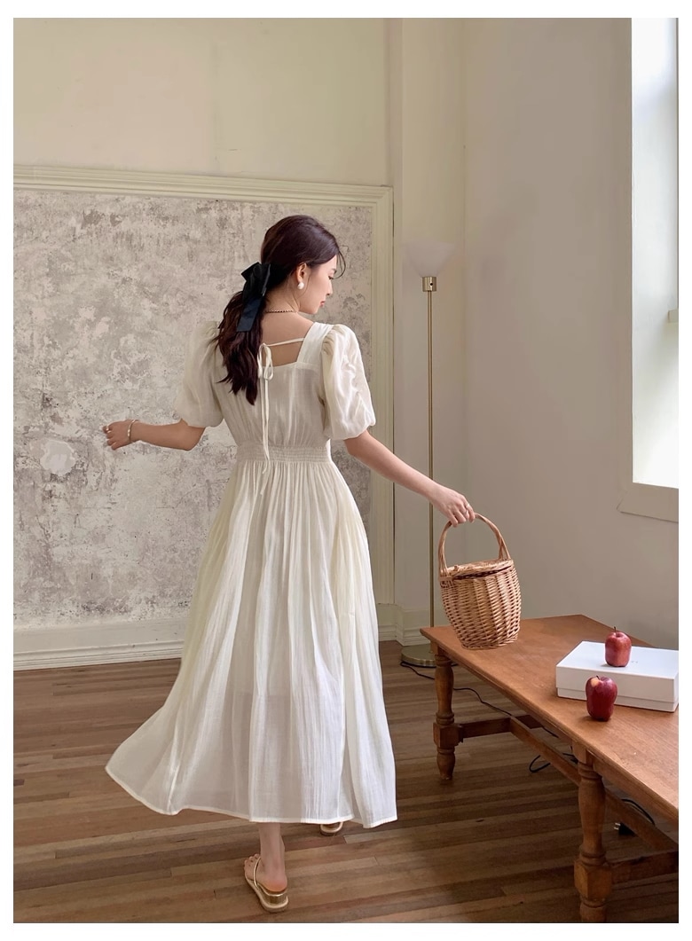 夏 フレンチ レトロ スタイル パフスリーブ 無地 プリーツ デザイン ウエスト ドレス 女性 個性的 ワンピース ロング ロング丈 袖あり 半袖 パフスリーブ スクエアネック 襟なし かわいい 7,387円