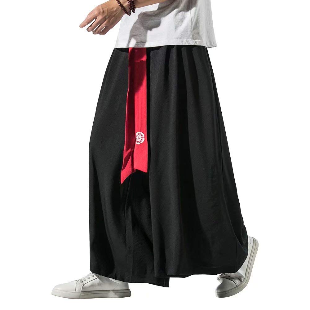 [KOGARASI] ワイドパンツ 袴パンツ メンズ ガチョウパンツ ゆったり ベルト付き 和柄 無地 麻 和式ズボン サルエル ビッグシルエット 黒 ブラック 衣装 大きいサイズ ルームウェア オー