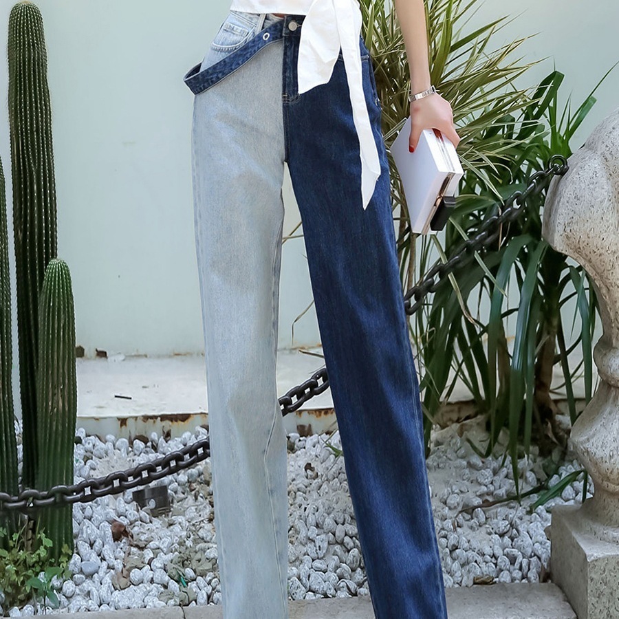 ボトムス デニムパンツ ロング ロング丈 ワイド アシンメトリー デニム ライトブルー 服 左右色違い ズボン インディゴブルー ブルーデニム アシンメトリーデニムパンツ ハーフカラー ツートンカラー