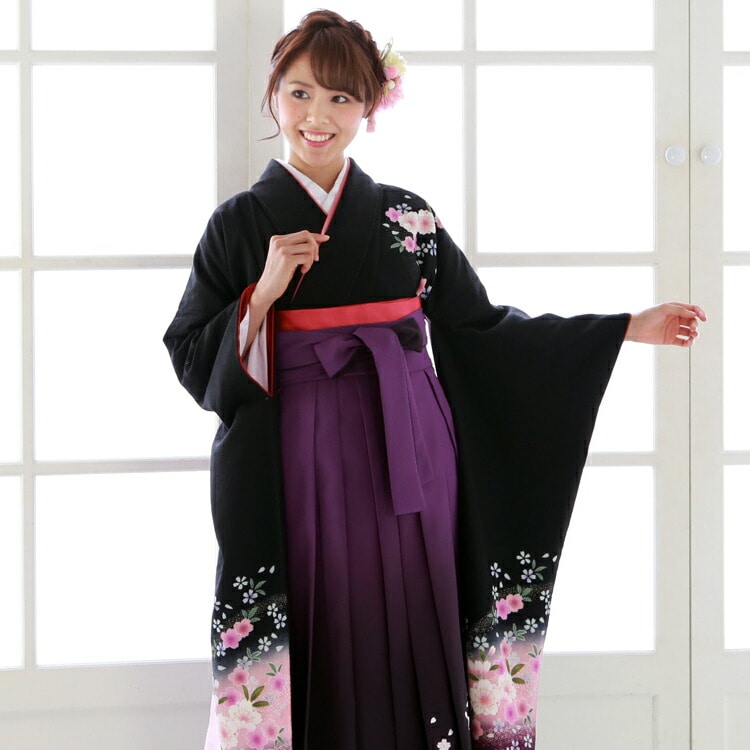 レンタル卒業式 袴 レンタル 女 袴セット 女 卒業式袴セット 正絹 振袖 着物＆袴 フルセットレンタル 安い 黒地に紫 ピンクぼかし 花 桜ハカマ はかま rental