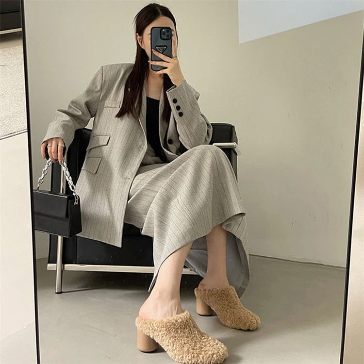 INSスタイル 太踵 レディース 包頭靴毛靴 ピンヒール パンプス 半スリッパ 顕腿長 外穿き ローマ ハイヒール 秋冬 カジュアル 保温 柔らかい 5,040円