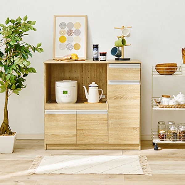 【北欧デザイン】大容量収納 キッチンカウンター キッチン収納 間仕切り コンセント付き 家電収納 スライド棚 幅89cm 間仕切り 炊飯器ラック レンジ台 カウンター 引出し 2口コンセント