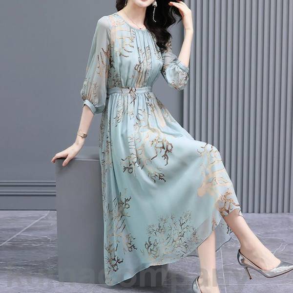 ワンピース ドレス 袖あり ボタニカル 珊瑚 エレガント レディース きれいめ カジュアル おしゃれ 大人 可愛い フェミニン ロング丈 シフォン ナチュラル ハイウエスト Aライン 薄手 涼しい 青