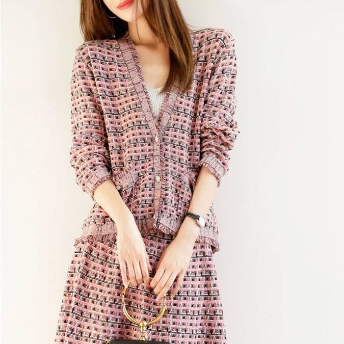 【1-3日出荷】3color レディース セットアップ ツーピース 2点セット お得 ニット スカート フリンジ ツイード ジャケット 袖あり 長袖 パールボタン 膝上 きれいめ 大人ガーリー 大人カ