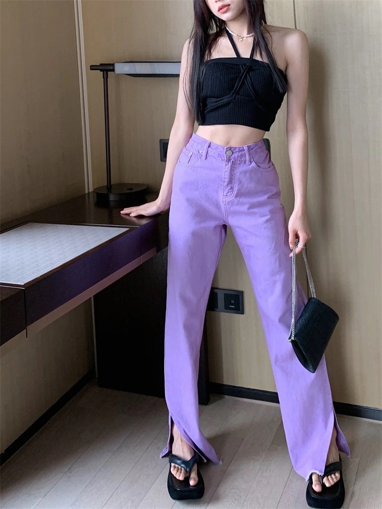 パンツ ジーンズ レディース デニム 切りっぱなし ハイウエスト ストレート ワイド ポケット スリット 脚長 カジュアル シンプル お洒落 普段使い お出かけ 学生 無地 紫 黄緑 XS S M L