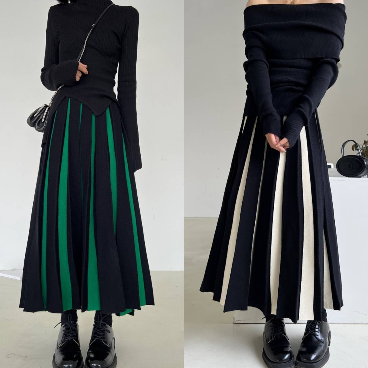 ニッチカラーブロックニットスカート プリーツ バイカラー Aライン ハイウエスト Aラインスカート プリーツスカート ミドルスカート レディース ハイウエスト 綺麗めスカート フレアスカート