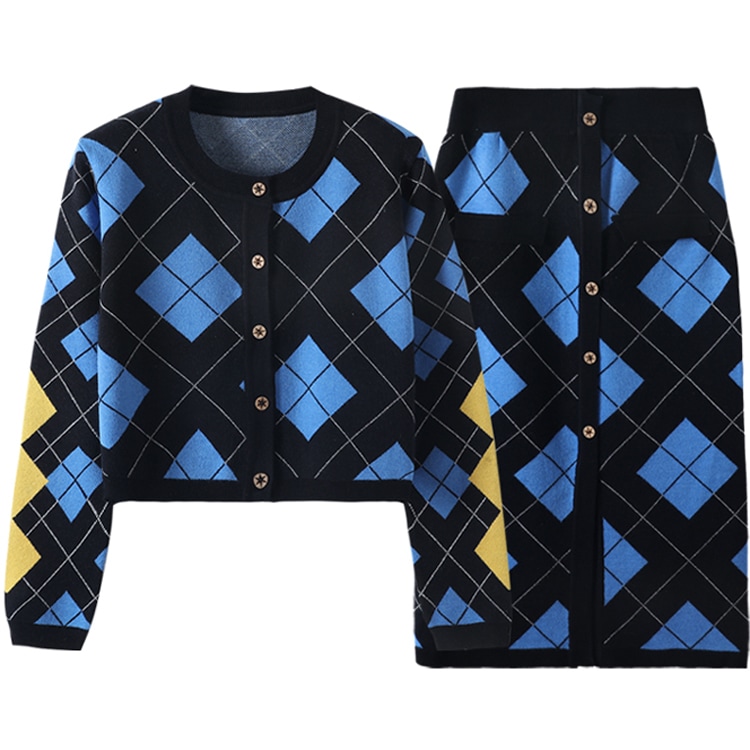 セットアップ チェック ニット カーディガン＆スカート OHCA0137