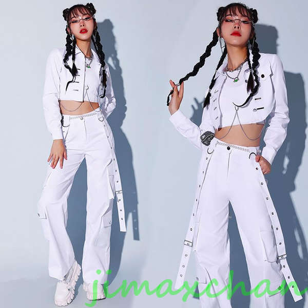 kpop 衣装 ダンス 衣装 レディース 白 スーツ セットアップ ヒップホップ 大人 へそ出し ベスト ジャケット カーゴパンツ ホワイトパンツ へそ出し 3点セット