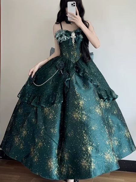 宇宙を漂う光 ロリータ ウェディング イブニングドレス 夏 レディース グリーン サスペンダー パーティー 卒業式 プリンセスドレス