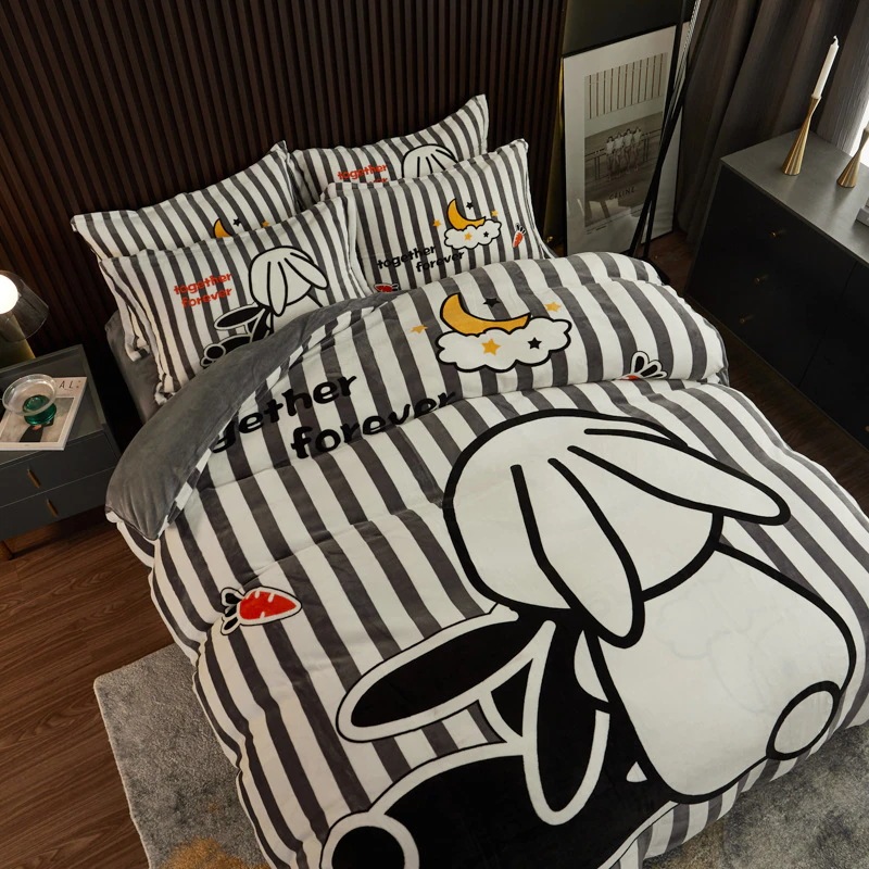 布団布団セット漫画ミルクベルベット4点セット 厚手両面ベルベットキルトカバー コーラルベルベットフランネルフィットシーツ3点セット