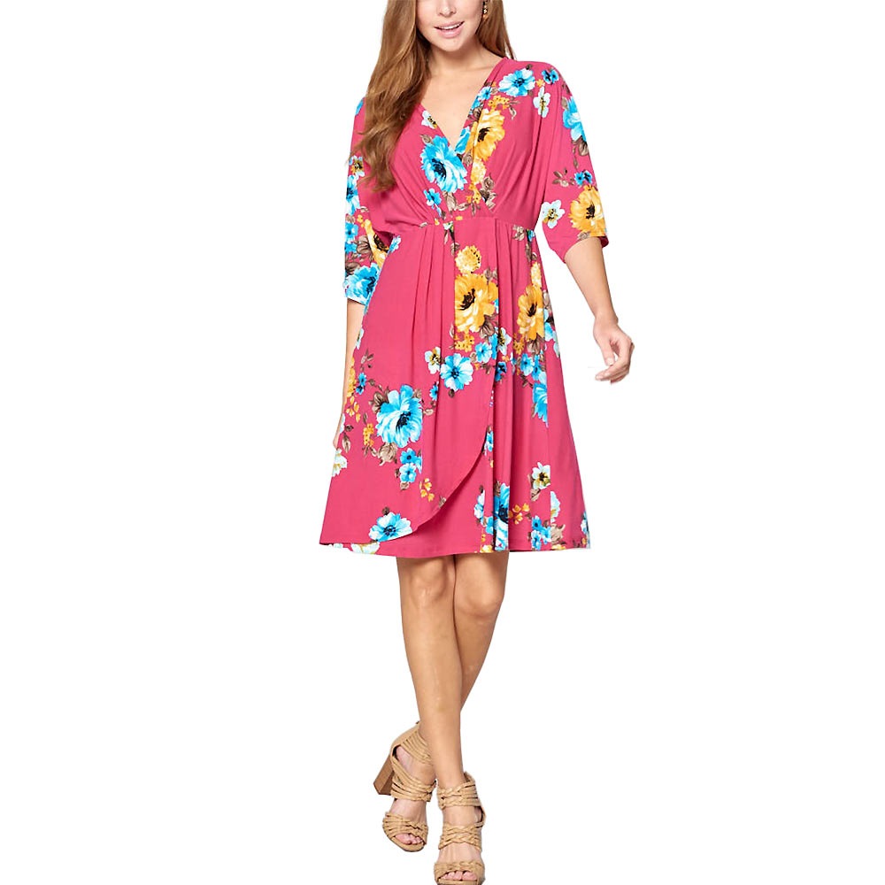 インポート 膝丈 ドルマンスリーブ Vネック 花柄 レイヤード S.M.L ロイヤルブルー USA EM230327LA042