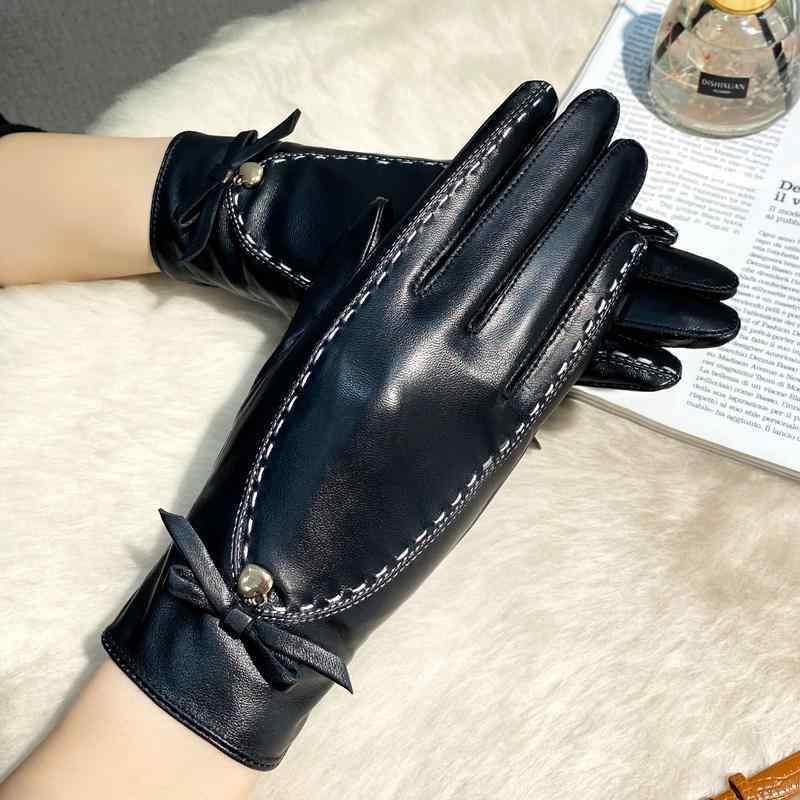 手袋 レディース 革 かわいい 防寒 暖かい 秋冬 女性用 スマホ対応 タッチスクリーン 運転 乗馬 リボン シープスキン フィンガーグローブ 黒 赤