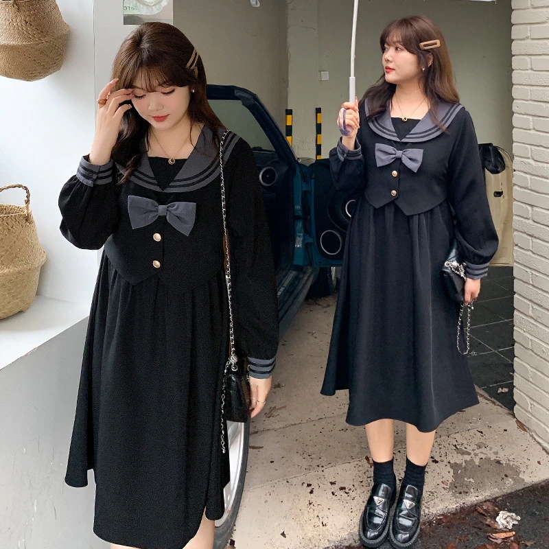 【ぽちゃまに】 2025秋冬新品 学院風 ロングワンピース セーラー服 体型カバー 大きいサイズ レディース セーラーワンピース ワンピース レイヤード