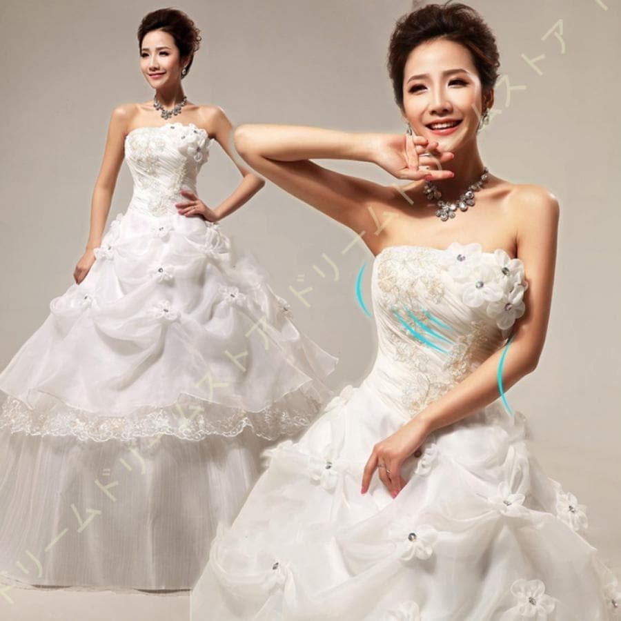 ウェディングドレス二次会白フラワー付きロング背中レースアップ花柄モチーフウエディングドレス花嫁ドレス大きいサイズレースパーティードレス