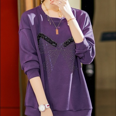 ビーズ付きスウェット トップス トレーナー スイート ブラック 黒 パープル 紫 レギュラー丈