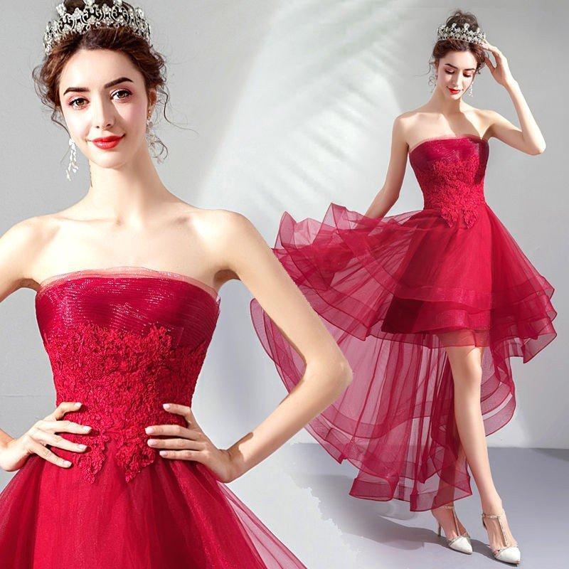 レディース パーティドレス フィッシュテール Aライン ベアトップ イブニングドレス 花嫁ドレス 結婚式ドレス 披露宴 演奏会 二次会ドレス 赤ドレス-902