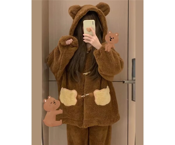 二点セット 上下セット ツーピース くま レディース パジャマ 着ぐるみ セットアップ フルレングス 長袖 前開き ウエストゴム ボタン フード 厚手 ベルベット かわいい カジュアル おしゃれ ラフ