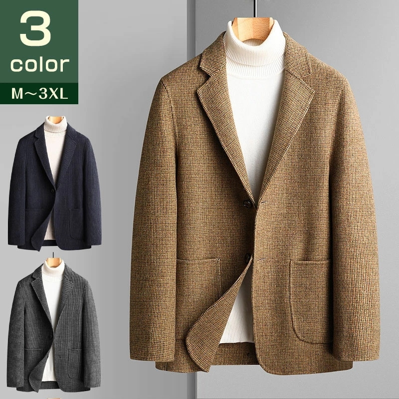 テーラードジャケット スーツジャケット メンズ 定番アウター ブレザー ウール 暖かい 保温 チェック柄 紳士服 細身 長袖 ビジネス ポケット付き おしゃれ 春 秋 ジャケット フォーマル トップス