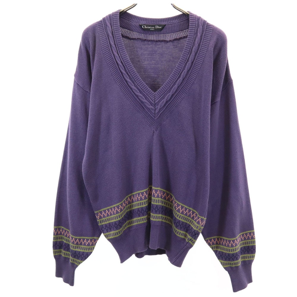 クリスチャンディオールスポーツ 90s オールド コットンニット 長袖 Vネック セーター パープル Christian Dior SPORTS ニット レディース