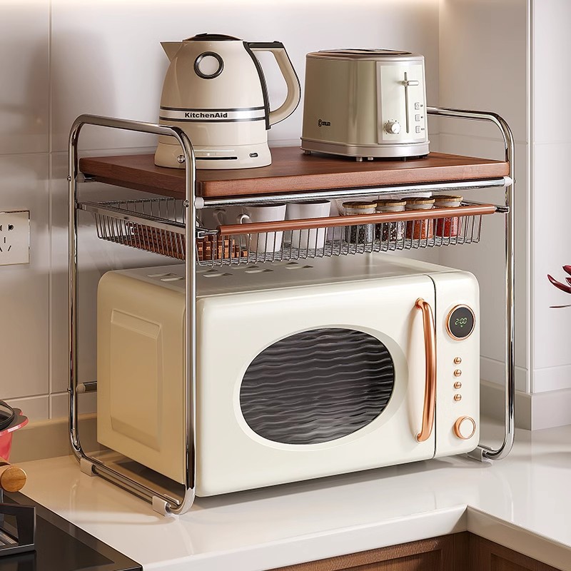 中スタイルのソリッドウッド電子レンジストレージラックキッチンカウンタートップオーブンスタンドマルチファンクトップストレージライス炊飯器ストレージラック