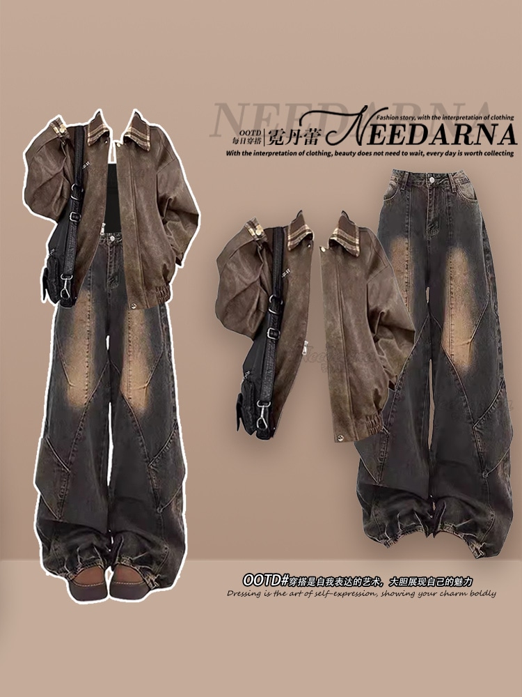 秋の韓国風シックなレザージャケット女性用のスタイリッシュでスタイリッシュなウエスタンデニムスーツパンツの完全セット