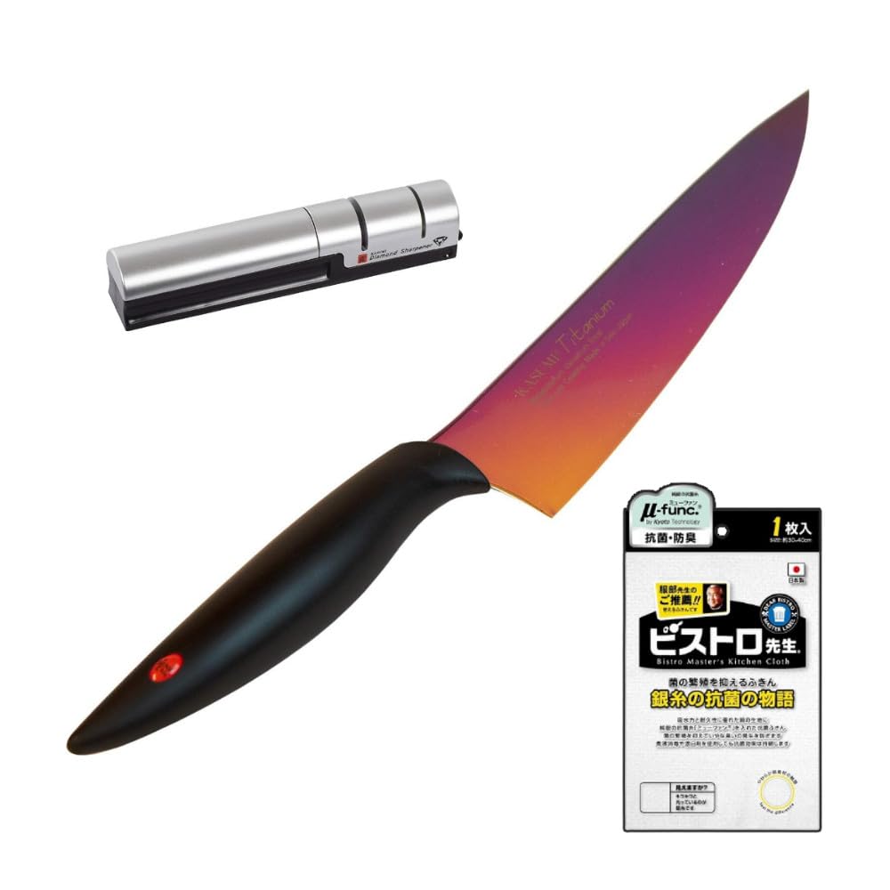 包丁 霞 剣型包丁 オパール チタンコーティング 20cm 22020 ダイヤモンドシャープナー ふきん 3点セット