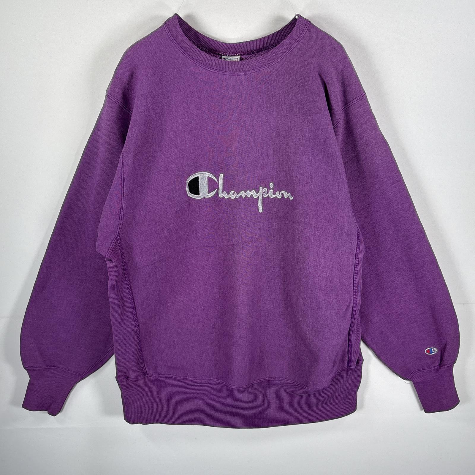 古着 90s/90年代 USA製 スウェット リバースウィーブ 刺繍プリント クルーネック 厚手 L パープル メンズ