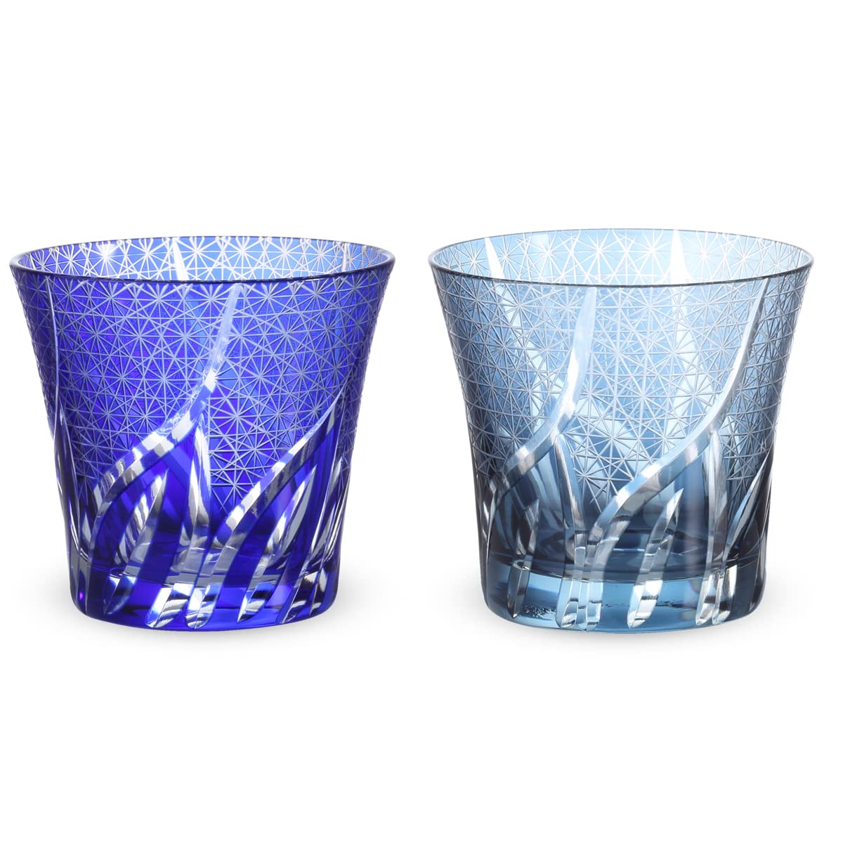 J-kitchens レトロ 切子 ペア グラス カップ Φ94xH85mm 240cc 乱彫小紋 ブルー & インクブルー 底彫あり 華匠 Current Model