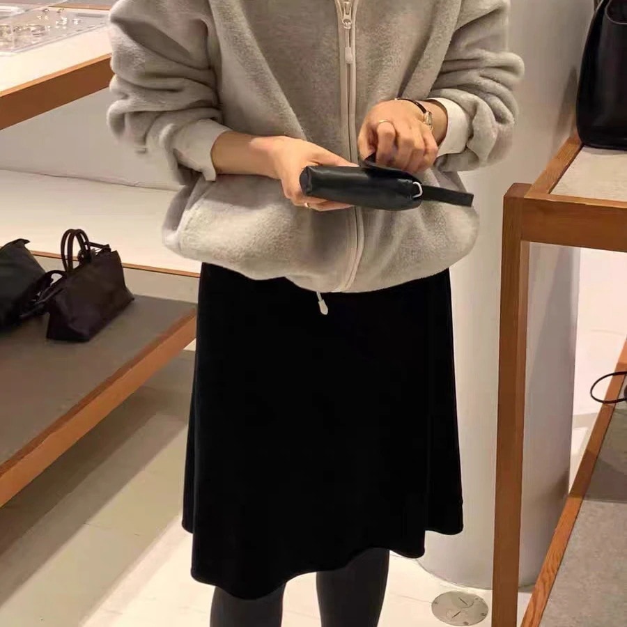 春 新作 韓国 無地 シンプル ミディ 黒 ベルベット スカート
