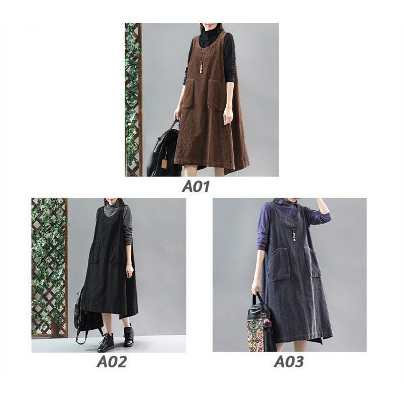 ジャンパースカート ロングワンピース コーデュロイ クルーネック ワンピース 春秋 冬 カジュアル シンプル マキシ丈 コーデ おしゃれ