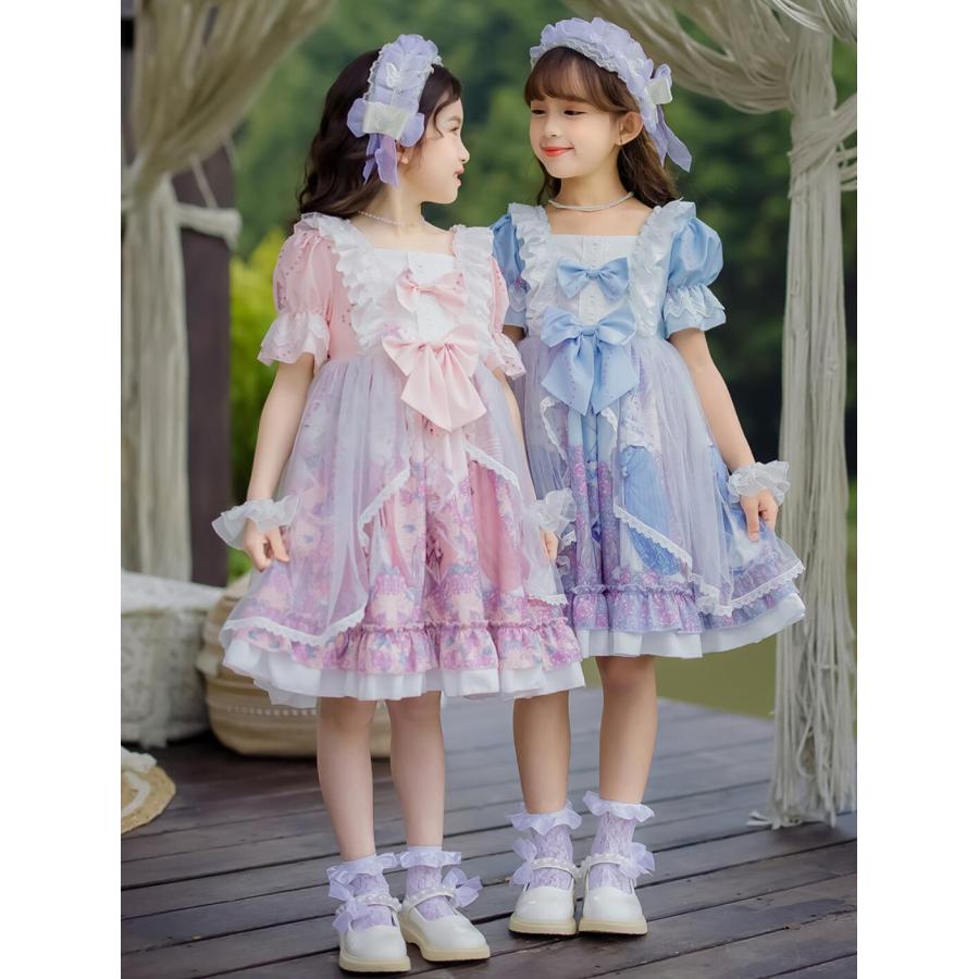 【大人気】子供 ロリータ ワンピース 半袖 長袖 お姫様 ゴスロリ＆ロリータ ドレス 女の子 膝丈 lolita ワンピース レースフリル チュール 蝶リボン 花プリント 可愛い 子