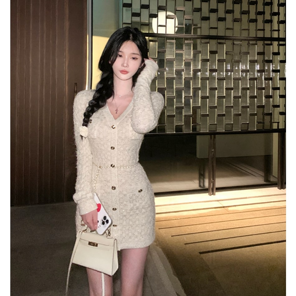 キラキラと愛らしいスパンコール付きの女性用ニットスカートスリムフィットのインナースカート女性用セーター長袖ドレスP97