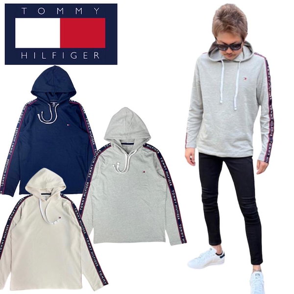 トミーヒルフィガー Tommy Hilfiger パーカー 薄手 ロンT 長袖 09T4256 スウェット メンズ レディース 部屋着 フーディー  袖ロゴ ルームウェア TOMMY HILFIGER