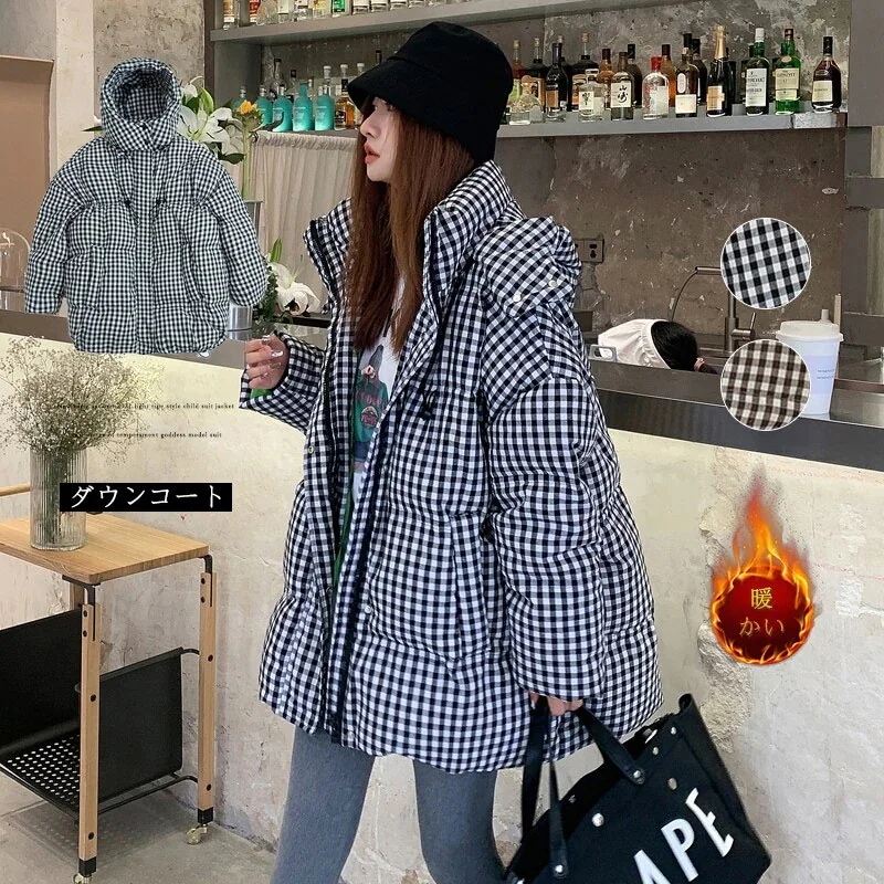 韓国の女性ファッション ダウンコート中綿チェックジャケットアウター