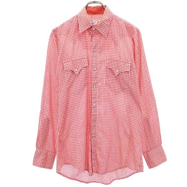 70s USA製 ヴィンテージ ギンガムチェック柄 長袖 ウエスタンシャツ 赤系 メンズ
