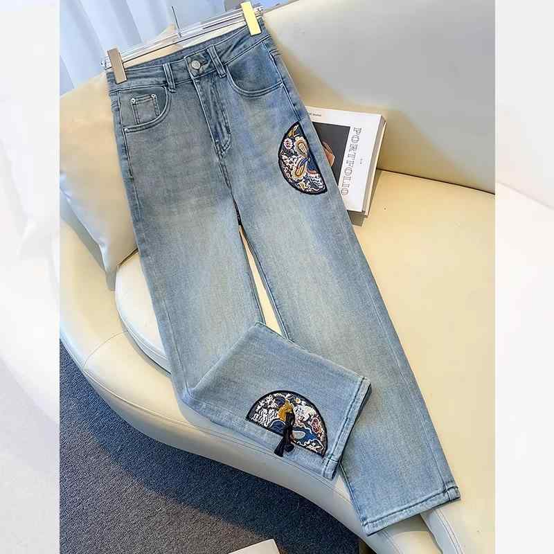 レディース ファッション カジュアル おしゃれ チャイナ風 刺繍 ナロー ストレート ジーンズ 春 軽量 涼しい カラー 九分丈 シガレットパンツ