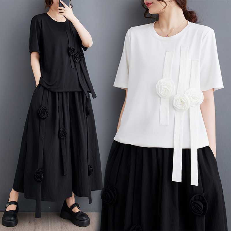 立体花キュロットパンツ韓国大きいサイズ 小衆デザイン感若見え半袖tシャツ涼しく楽ちんセットアップ ワイドパンツ