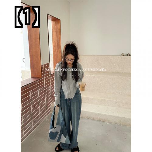 デニム パンツ レディース ハイウエスト ジーパン レトロ ストレート カジュアル ルーズ ウォッシュド ワイド ジーンズ ダークブルー